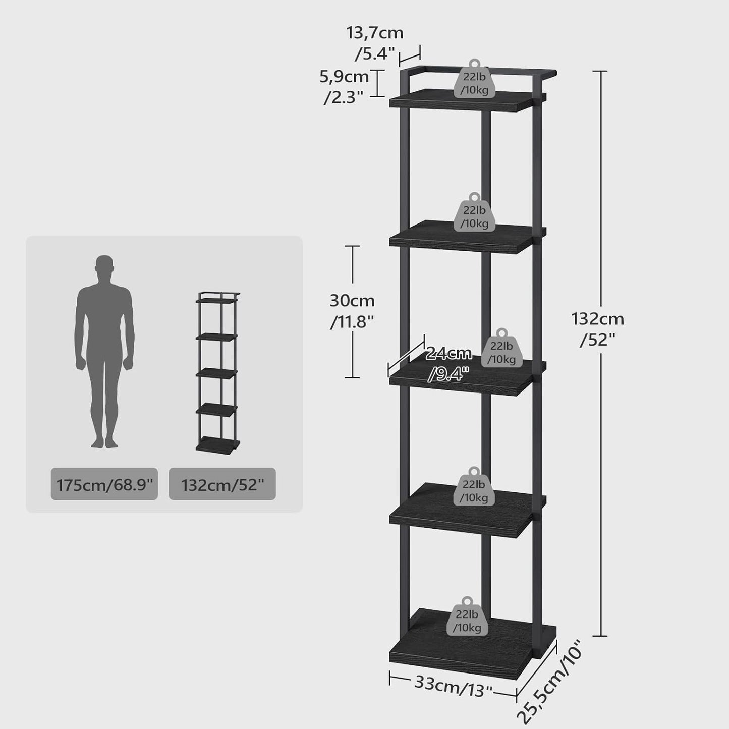 Bookshelf, 5-Tier Bookcase, Vertical Tall Narrow Book Shelf for Small Space, Open Storage Display Shelf with Stable Base & Anti-Tip Kits, for Living Room, Office, Study, Black BKBK11501