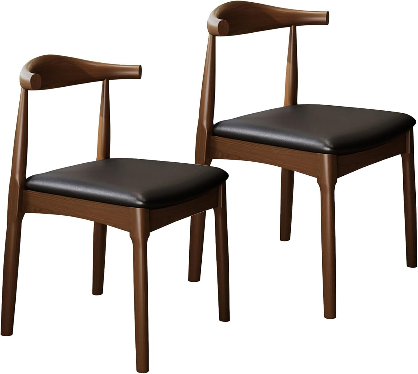 Solid Wood Dining Chair with Walnut Finish Set of 2 Mid Century Modern Upholstered PU Leather Dining Chairs with Curved Backrest for Dining Room, Kitchen, Study Room, Walnut Color