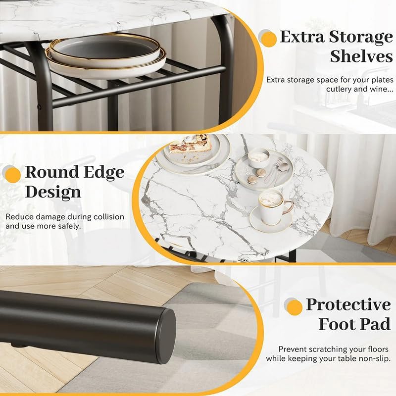 Shahoo 3-Piece Wooden Dining Table Set, Kitchen Breakfast Nook Sets with 2 Chairs & Round Tabletop, Space Saving Furniture Metal Frame and Built-in Wine Rack, Marble White & Black