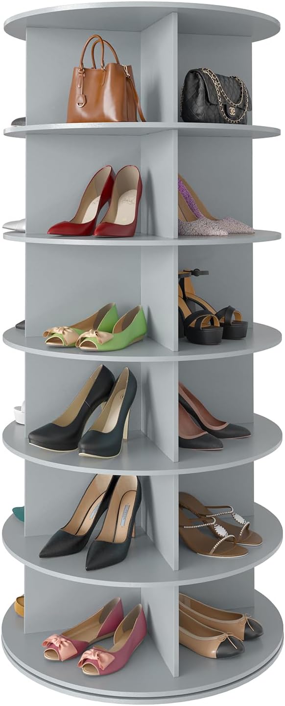 SpaceAid 6 Tier Rotating Shoe Rack Tower, Spinning Shoe Display Lazy Susan, Revolving 360 Shoe Rack Storage Round Carousel, Vertical Handbag Rotate Shoes Closet Organization (6-Tier Gray)