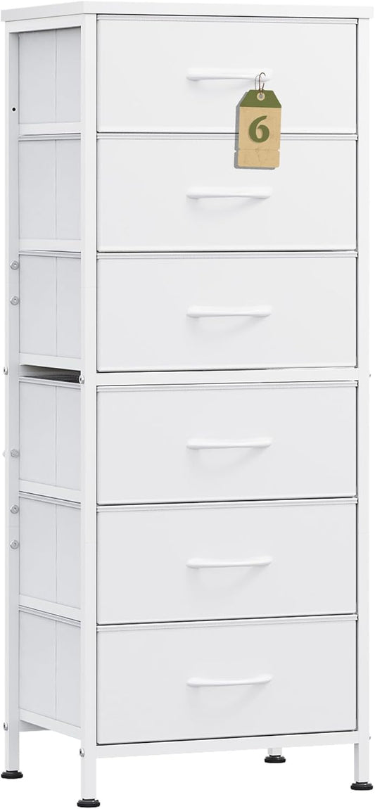 WLIVE White Tall Dresser for Bedroom, 6 Drawer Dressers & Chests of Drawers, Fabric Dresser for Closet, Living Room, Night Stand with Metal Frame, Storage Tower with Fabric Bins, Wood Top