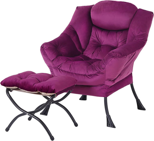 Lazy Chair with Folding Ottoman, Modern Accent Lounge Armchair with Armrests, a Side Pocket & Foldable Footstool, Leisure Reading Chair for Living Room, Bedroom, Dorm & Office, Velvet Purple