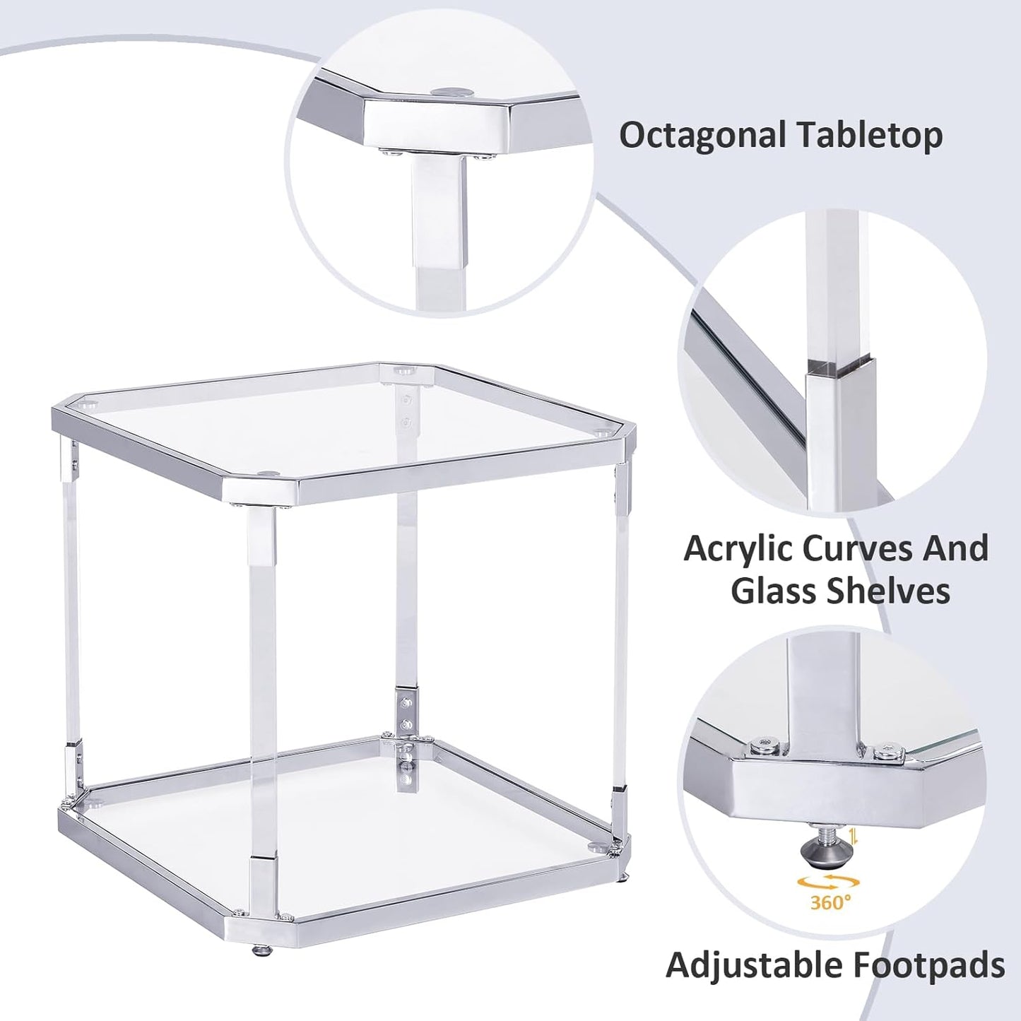 Glass Top Side Table - Silver Square Glass Top End Table Clear Acrylic Nightstand for Living Room Bedside Bedroom