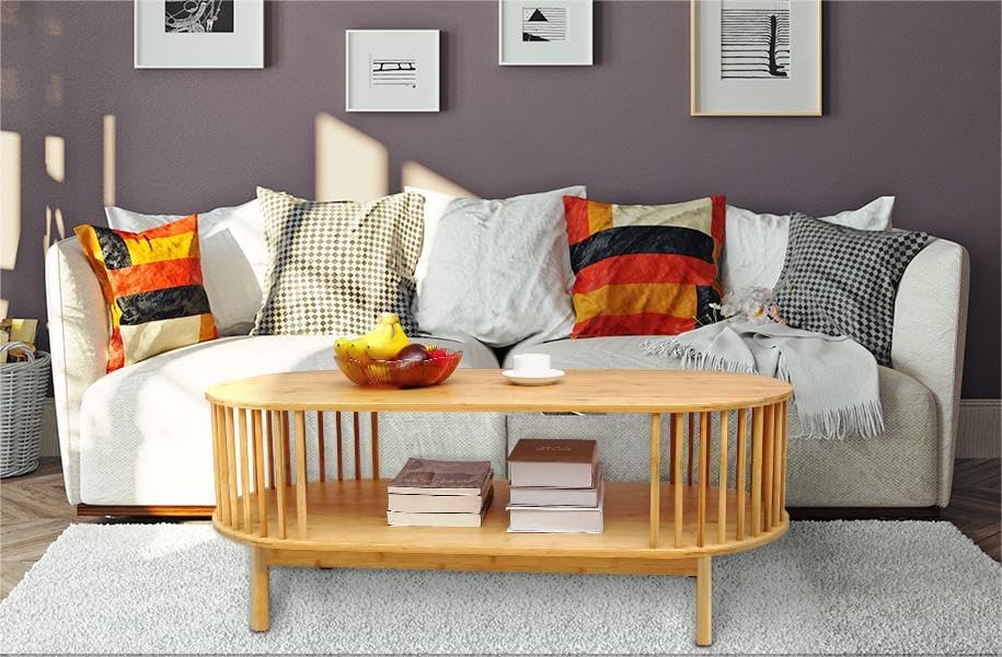 VaeFae Oval Coffee Table, Bamboo Coffee Table for Living Room, 2-Tier Wooden Farmhouse Center Table with Storage Shelf