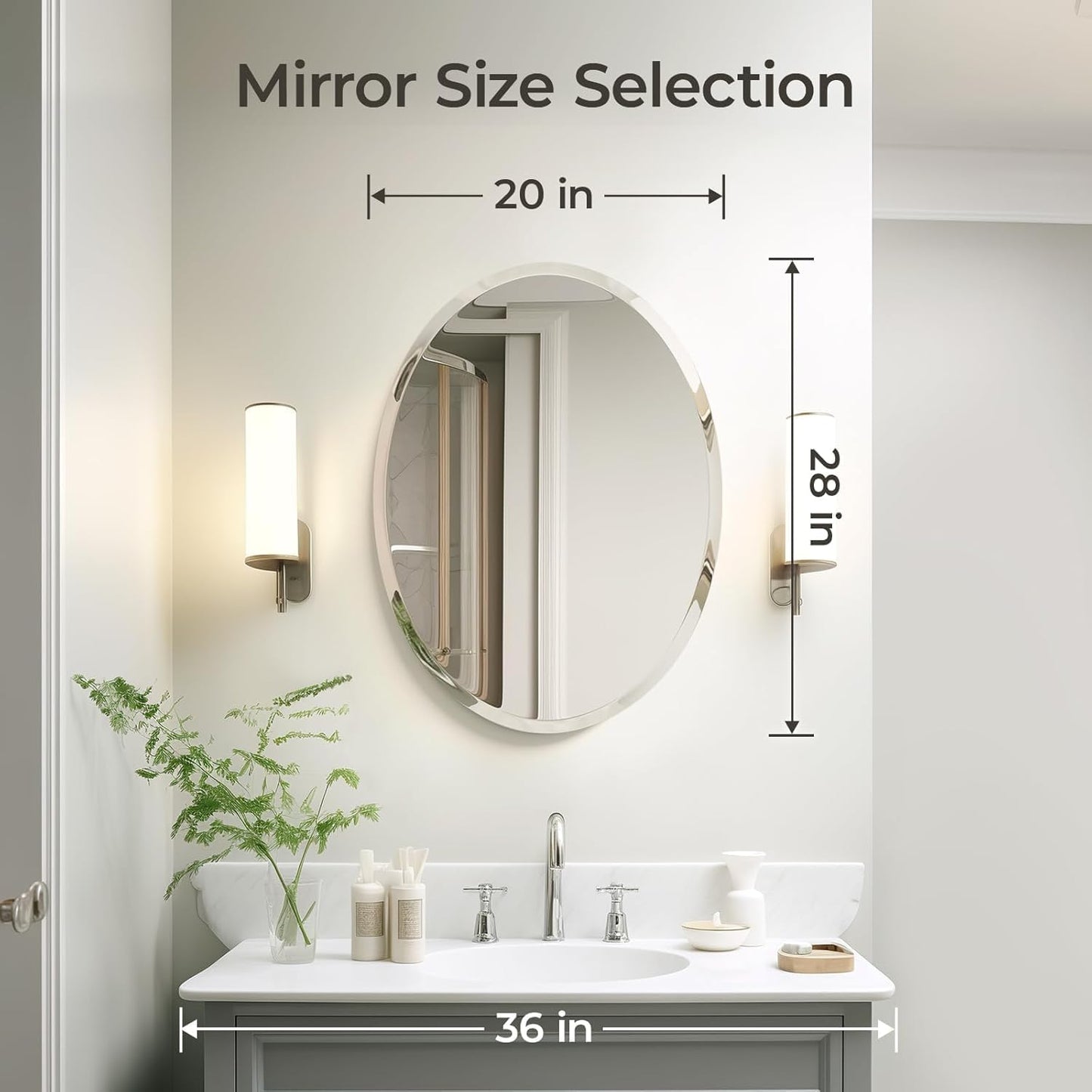 KOHROS Frameless Oval Mirror 20" x 28" Bathroom Wall Mirror w/Polished Beveled Edge, Anti-Rust, Tempered Glass (Silver)