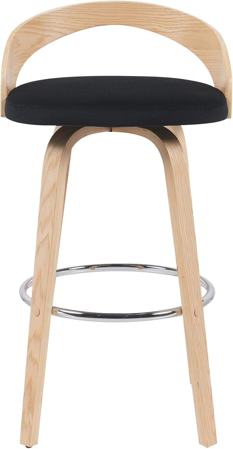 Sonia Modern Swivel Bar Height Stool with Black Upholstered Seat and Patterned Oak Wood Finish Set of 2