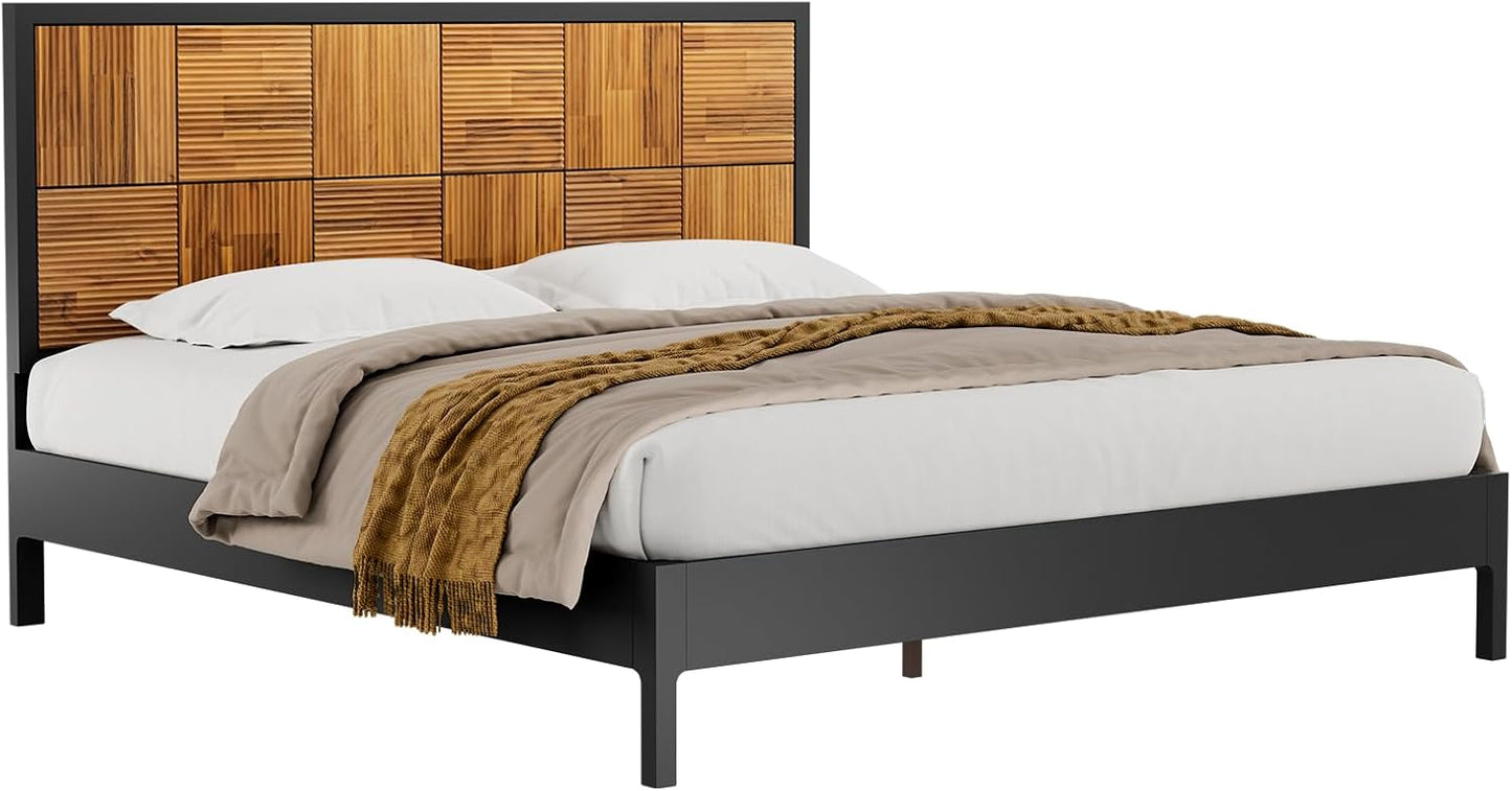 Bme Madia King Size Bed Frame and Headboard, Sophisticated Mid-Century Style with Fluted Pattern, 800lbs Weight Support, Crafted from Durable Acacia Wood Slats, Simple Assembly, Sleek Black Finish