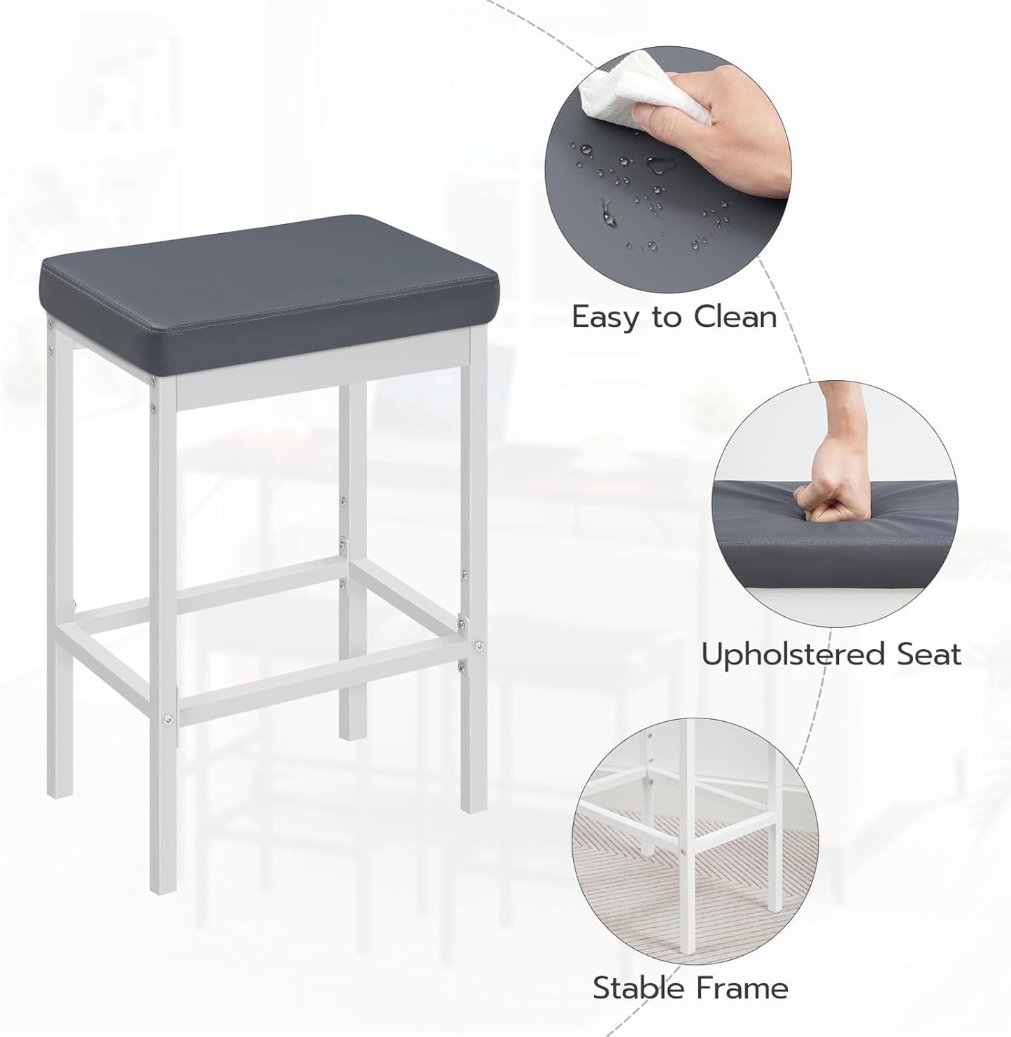 HOOBRO Bar Stools, 24.8-Inch Height Stools, Breakfast Bar Stools, Kitchen Bar Chairs, 2" Thick Upholstery, for Kitchen, Dining Room, Cafe, Bar Counter, White and Gray WG21BY01