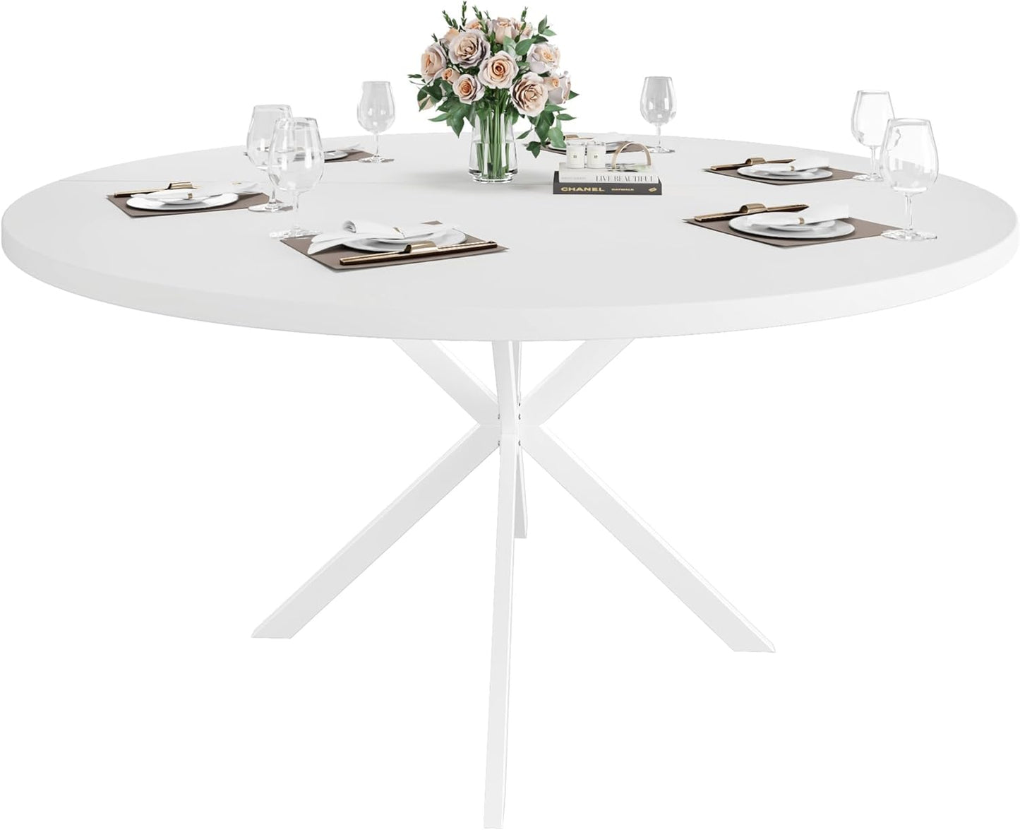 47.24" Round Dining Table for 4-6 Person, Modern Kitchen Table With Metal Legs, Pedestal Circle Table for Dining Room (White)