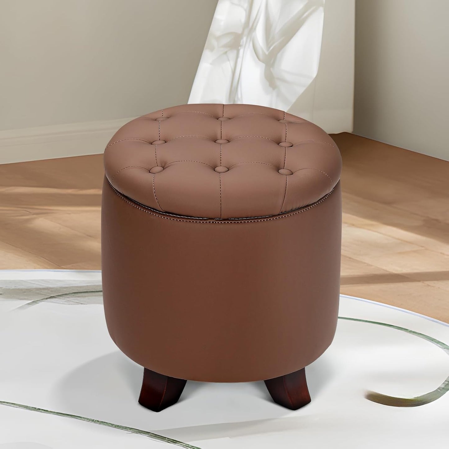 Athena Collection 15 Inch Small Ottoman with Storage, Round PU Leather Storage Ottoman Foot Rest with Removable Lid, Multipurpose Footstool Footrest for Living Room, Bedroom, Dorm, Brown