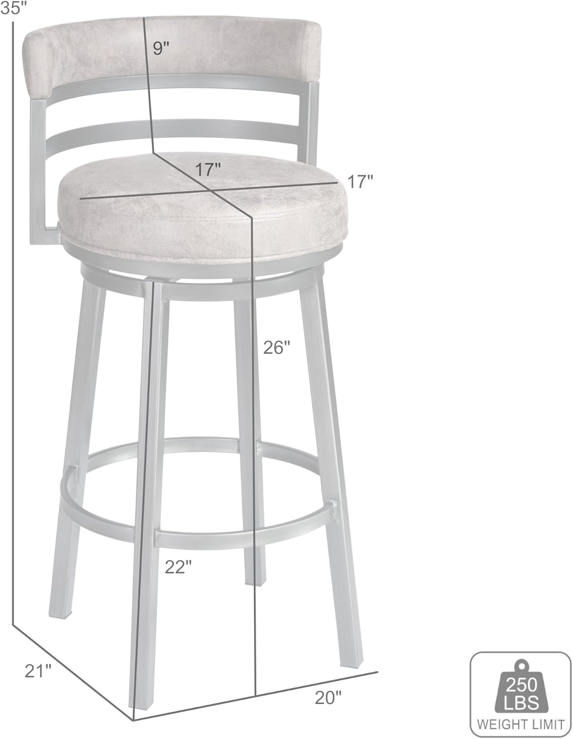 Armen Living Madrid 26" Counter Height Swivel Barstool in Ford Black Faux Leather and Mineral Finish