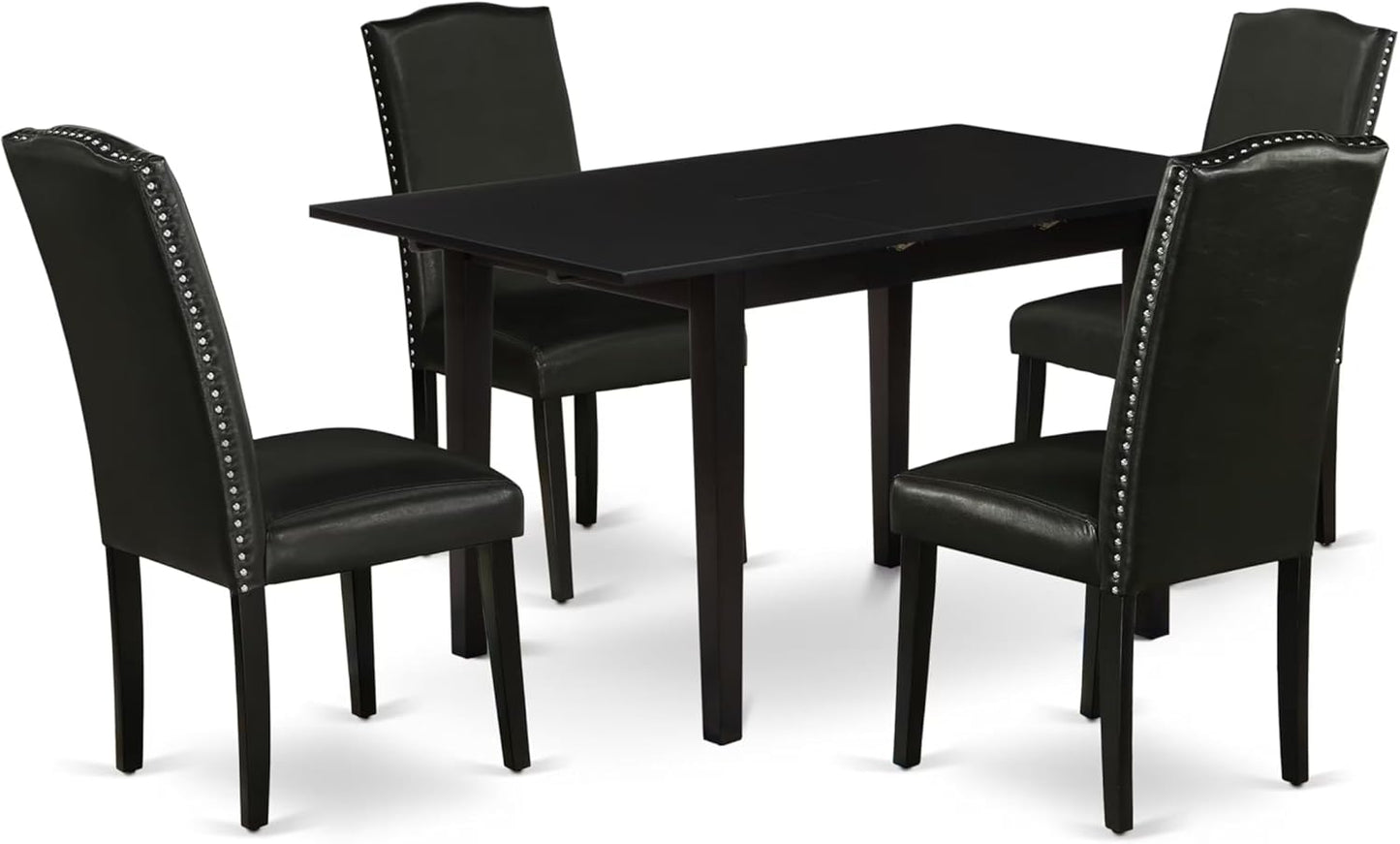 East West Furniture NOEN5-BLK-69 5 Piece Kitchen Table & Chairs Set Includes a Rectangle Butterfly Leaf Dining Table and 4 Black Faux Leather Parsons Chairs, 32x54 Inch, Black