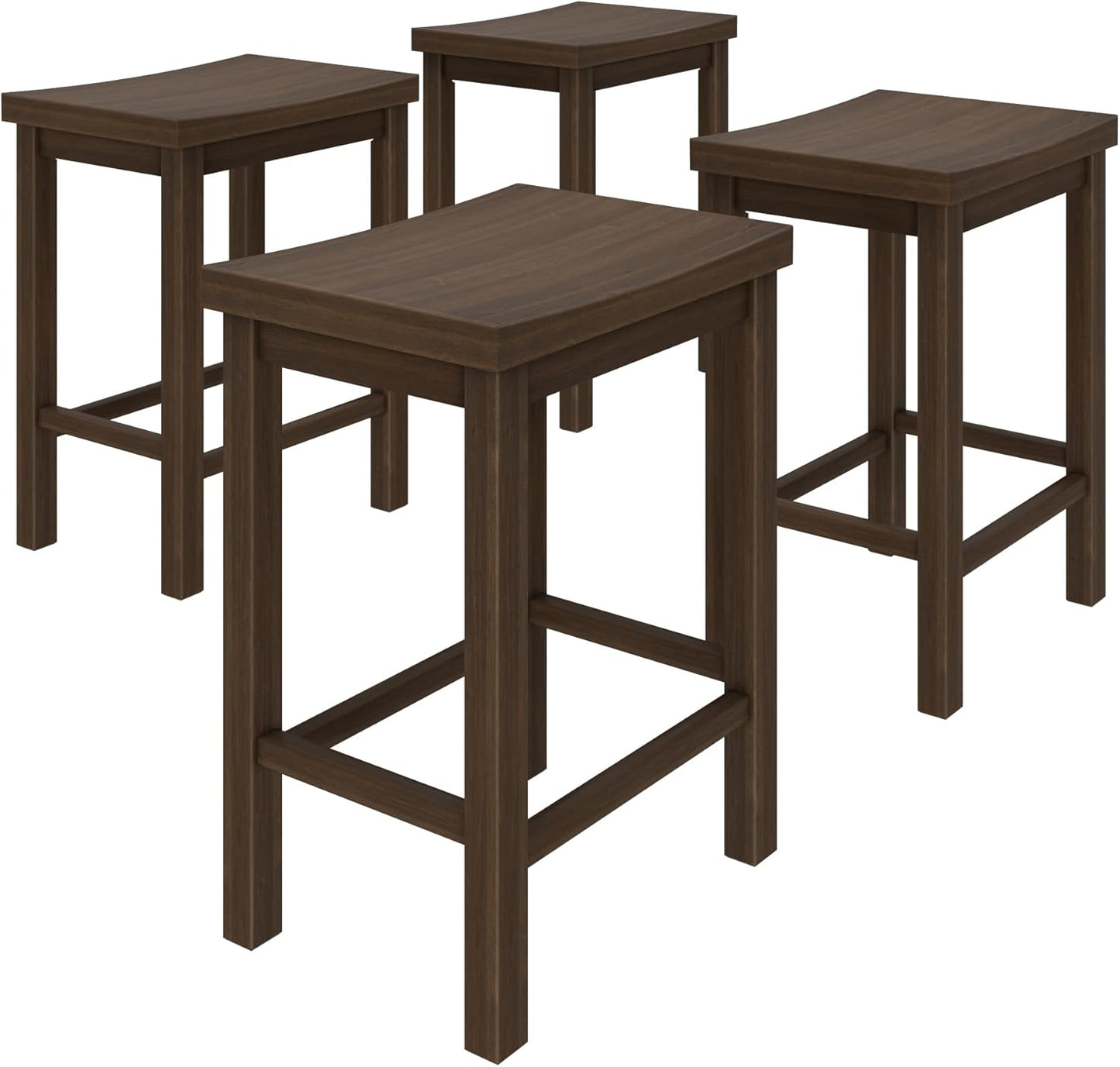 Grain & Grove Smith Collection Set of 4 Solid Wood Counter Height Bar Stools, 24-Inch Saddle Seat Backless Stools, Ideal for Kitchen Island, Dining, or Home Bar Seating, Walnut