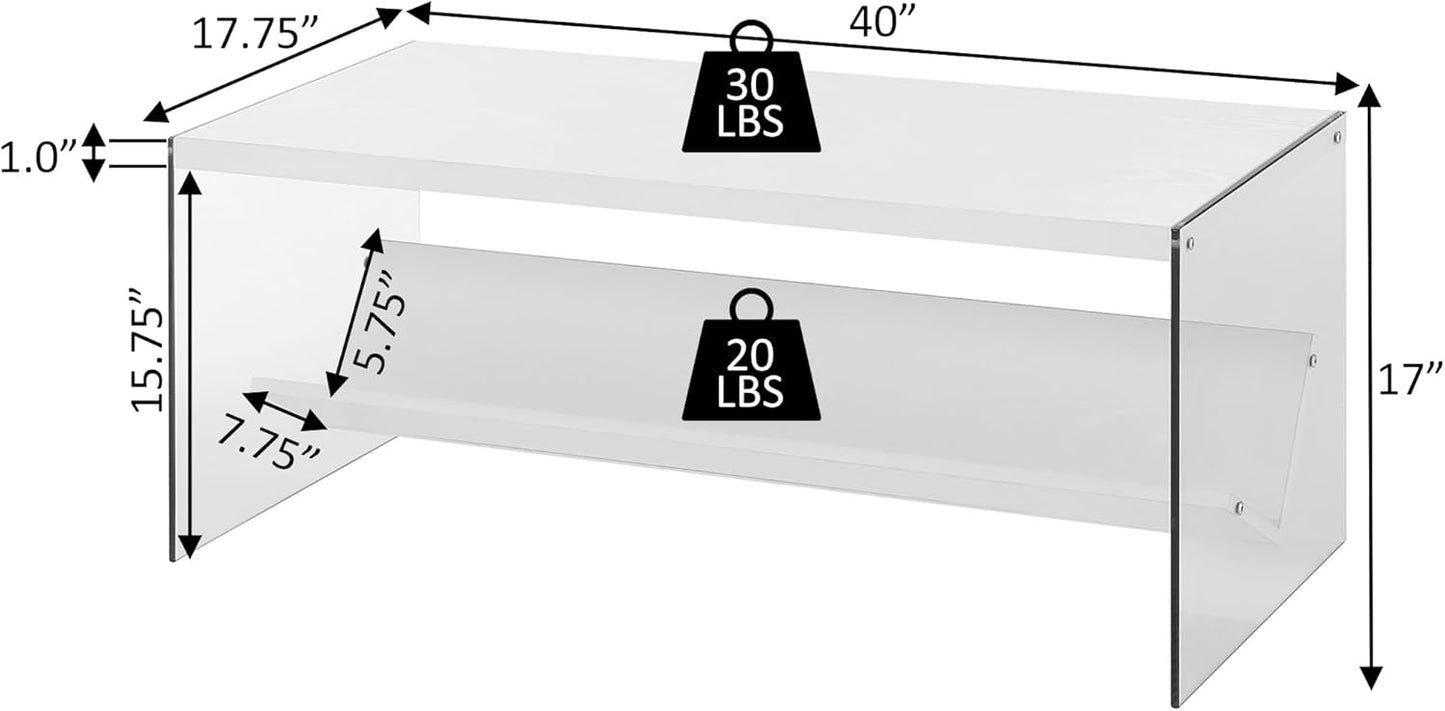 Convenience Concepts SoHo Glass Coffee Table 40" - Modern Living Room Table with Storage Shelf, Contemporary Coffee Table for Family Room, Weathered White