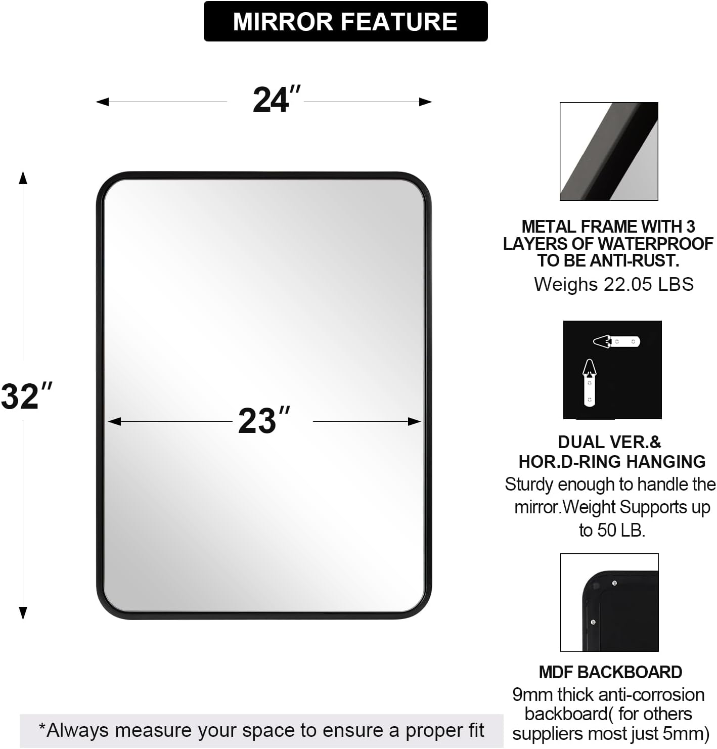 ANDY STAR 24x32 INCH Black Bathroom Mirror, Black Bathroom Vanity Mirrors for Wall, Rounded Rectangle Mirror for Bathroom, Tube Metal Frame, 1’’ Deep Wall Mounted Vertical/Horizontal