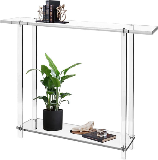 Acrylic Narrow Console Table for Entryway 7.6" D x 39.4" W x 31.5" H Clear Modern Skinny Bookshelf Slim Entry Table Waterfall Desk Furniture for Sofa Foyer Hallway Living Room Dining Room