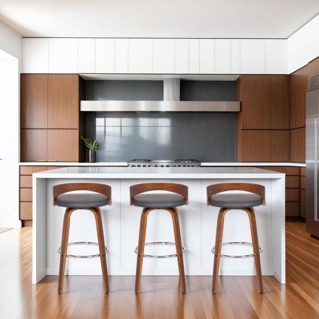 Armen Living Sonia 26" Counter Height Swivel Gray Faux Leather and Walnut Wood Bar Stool