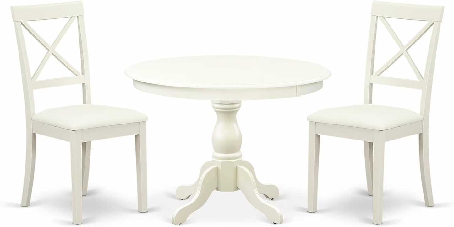 East West Furniture HBBO3-LWH-C 3 Piece Modern Dining Table Set Contains a Round Wooden Table with Pedestal and 2 Linen Fabric Kitchen Dining Chairs, 42x42 Inch, Linen White