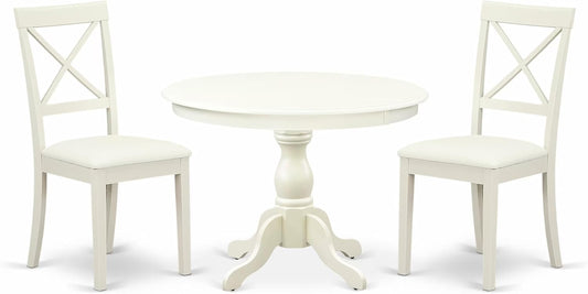 East West Furniture HBBO3-LWH-C 3 Piece Modern Dining Table Set Contains a Round Wooden Table with Pedestal and 2 Linen Fabric Kitchen Dining Chairs, 42x42 Inch, Linen White