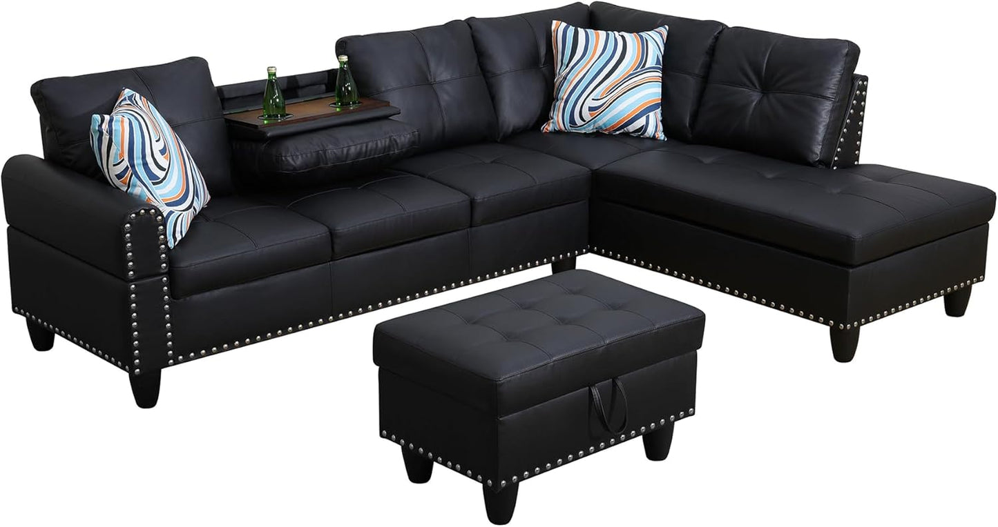 Couches for Living Room Faux Leather L Shaped Couch Comfy 3 Pieces Sectional Sofa with Chaise, Ottoman with Storage for Office and Small Apartment, Graceful Black