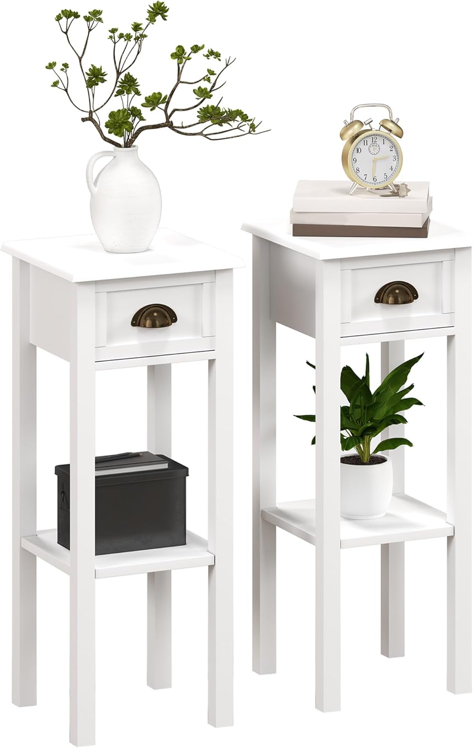 HOMCOM 2-Tier Side Table with Drawer, Narrow End Table with Bottom Shelf, for Living Room, Set of 2, White