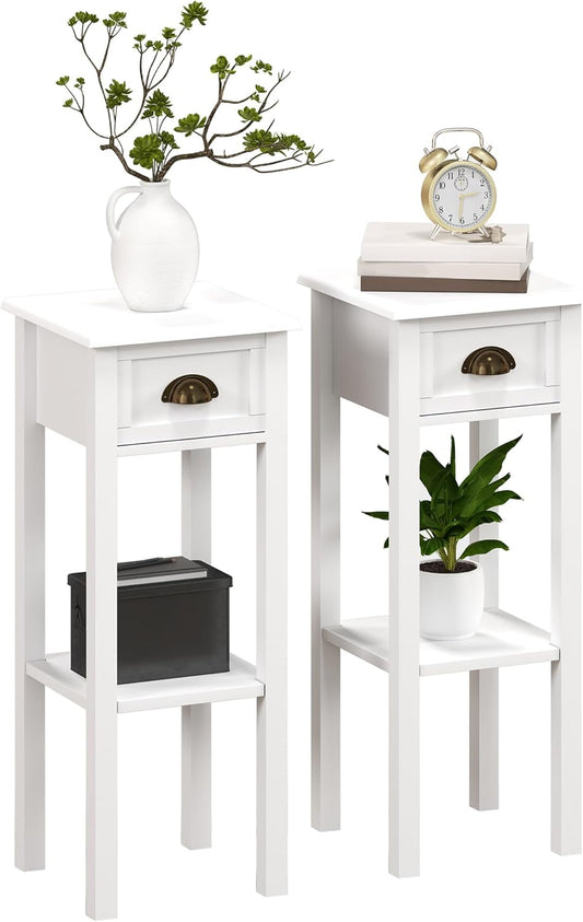 HOMCOM 2-Tier Side Table with Drawer, Narrow End Table with Bottom Shelf, for Living Room, Set of 2, White