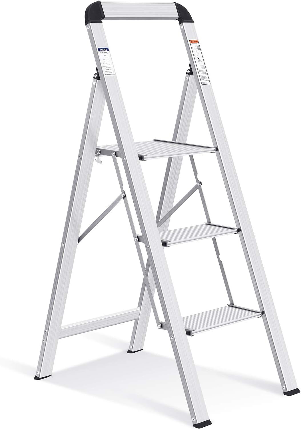 KINGRACK Aluminium 3 Step Ladder, Lightweight Step Stool with Non-Slip Pedals, Handrail, 330 LBS Foldable Step Ladder for Kitchen, Garage, Home, Space Saving, Sturdy and Portable, Silver