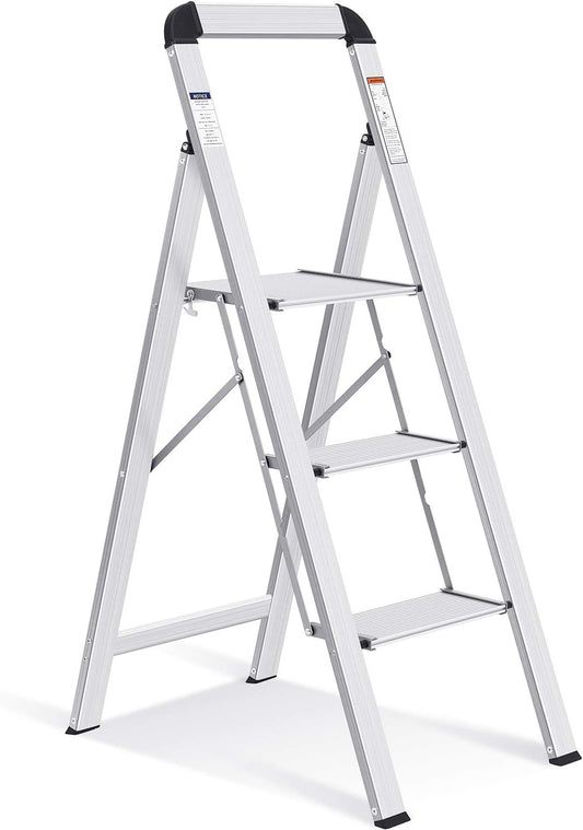 KINGRACK Aluminium 3 Step Ladder, Lightweight Step Stool with Non-Slip Pedals, Handrail, 330 LBS Foldable Step Ladder for Kitchen, Garage, Home, Space Saving, Sturdy and Portable, Silver