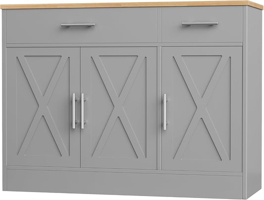 Shintenchi Modern Farmhouse Sideboard Buffet Cabinet with Storage with 3 Doors, 42"Barn Doors Buffet Cabinet with Storage, Wood Coffee Bar Cabinet with Adjustable Shelf for Kitchen, Living Room, Grey