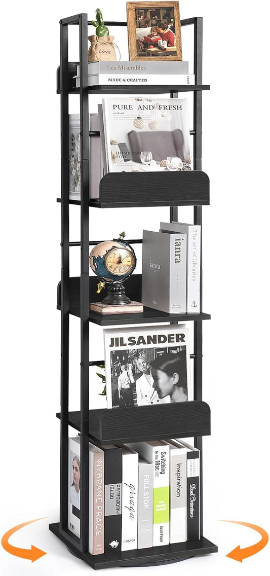 Bikoney Rotating Bookshelf, 5-Tier Bookshelves Tower for Corner, Small Narrow Bookcase, Tall Industrial Bookshelf, Wood and Metal Black