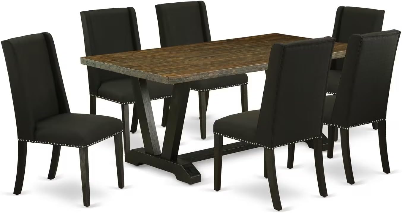 East West Furniture V677FL624-7 7 Piece Dinette Set Consist of a Rectangle Dining Room Table with V-Legs and 6 Black Linen Fabric Upholstered Parson Chairs, 40x72 Inch, Multi-Color