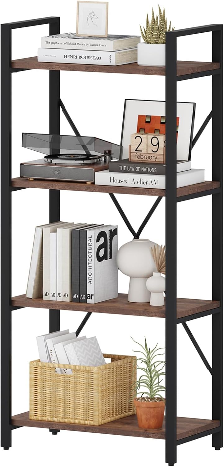 BON AUGURE Industrial 4 Tier Bookshelf, Modern Open Etagere Bookcase, Wood Metal Vintage Shelving Unit for Office Bedroom and Living Room, Heavy Duty Book Shelf (Rustic Oak)