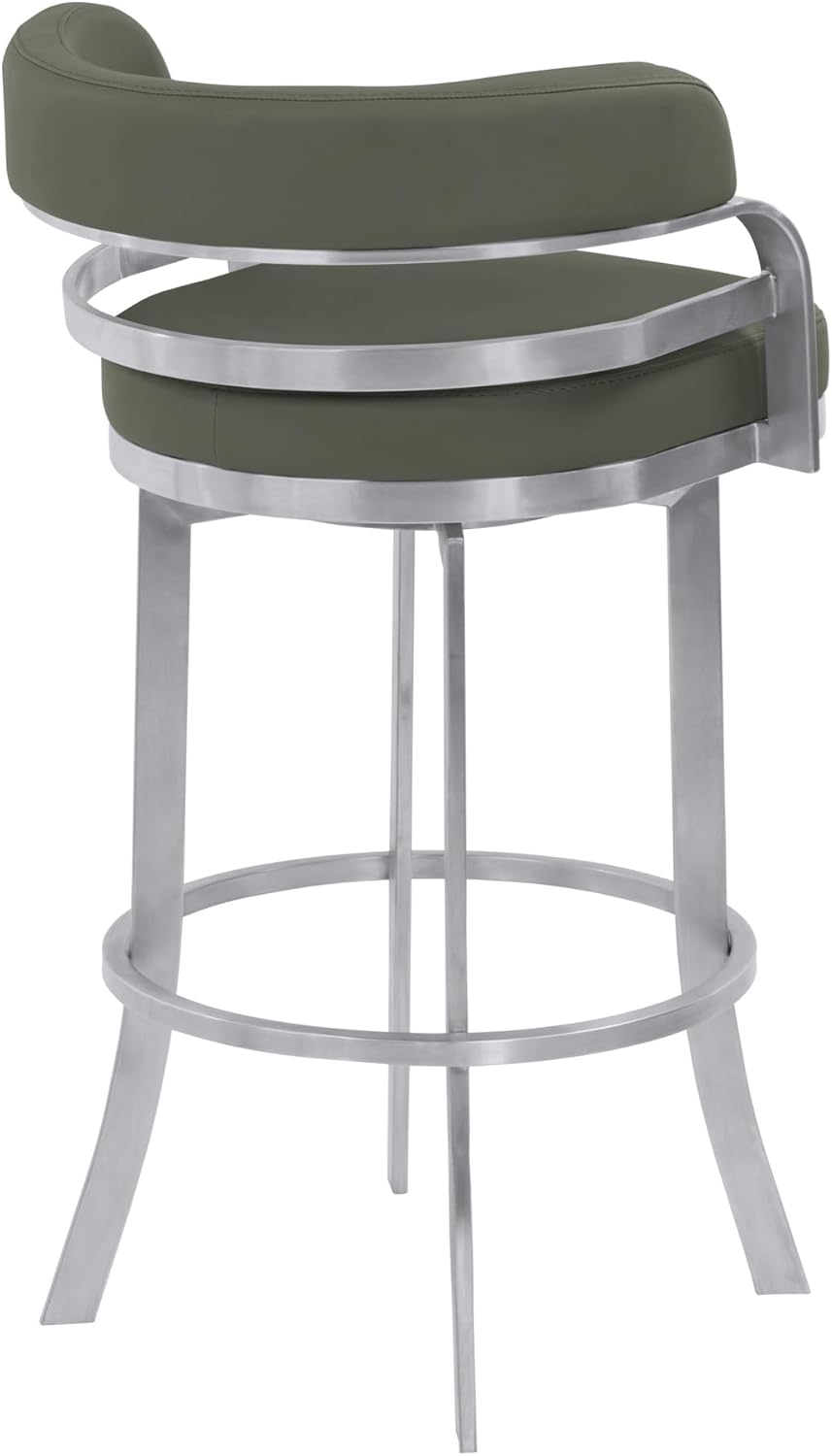 Armen Living Prinz 30" Bar Height Swivel Barstool in Grey Faux Leather and Brushed Stainless Steel Finish