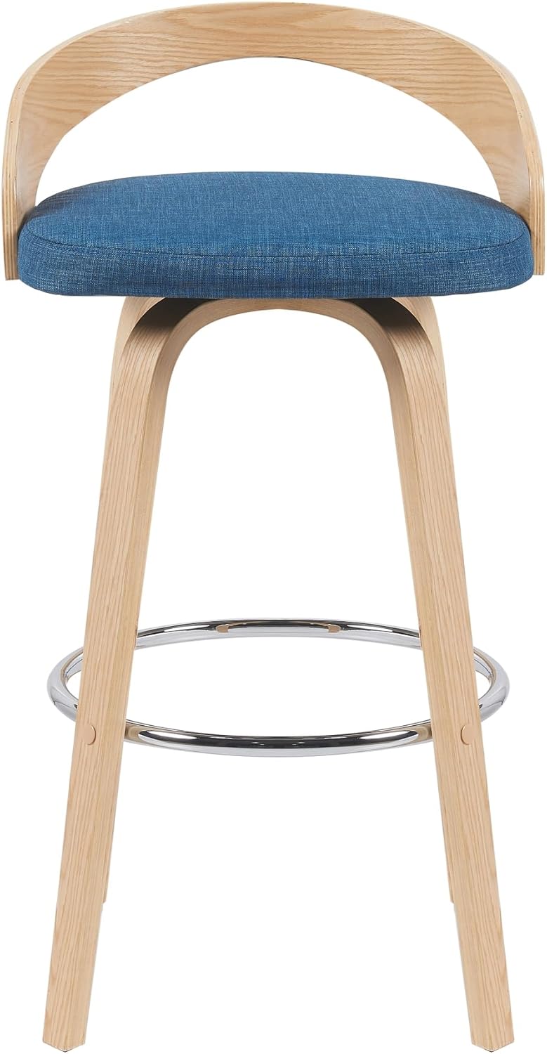 Sonia Modern Swivel Bar Height Stool with Blue Upholstered Seat and Patterned Oak Wood Finish Set of 3