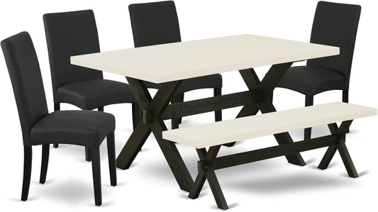 East West Furniture X626DR124-6 6 Piece Dining Table Set Contains a Rectangle Kitchen Table with X-Legs and 4 Black Color Linen Fabric Parson Chairs with a Bench, 36x60 Inch, Multi-Color