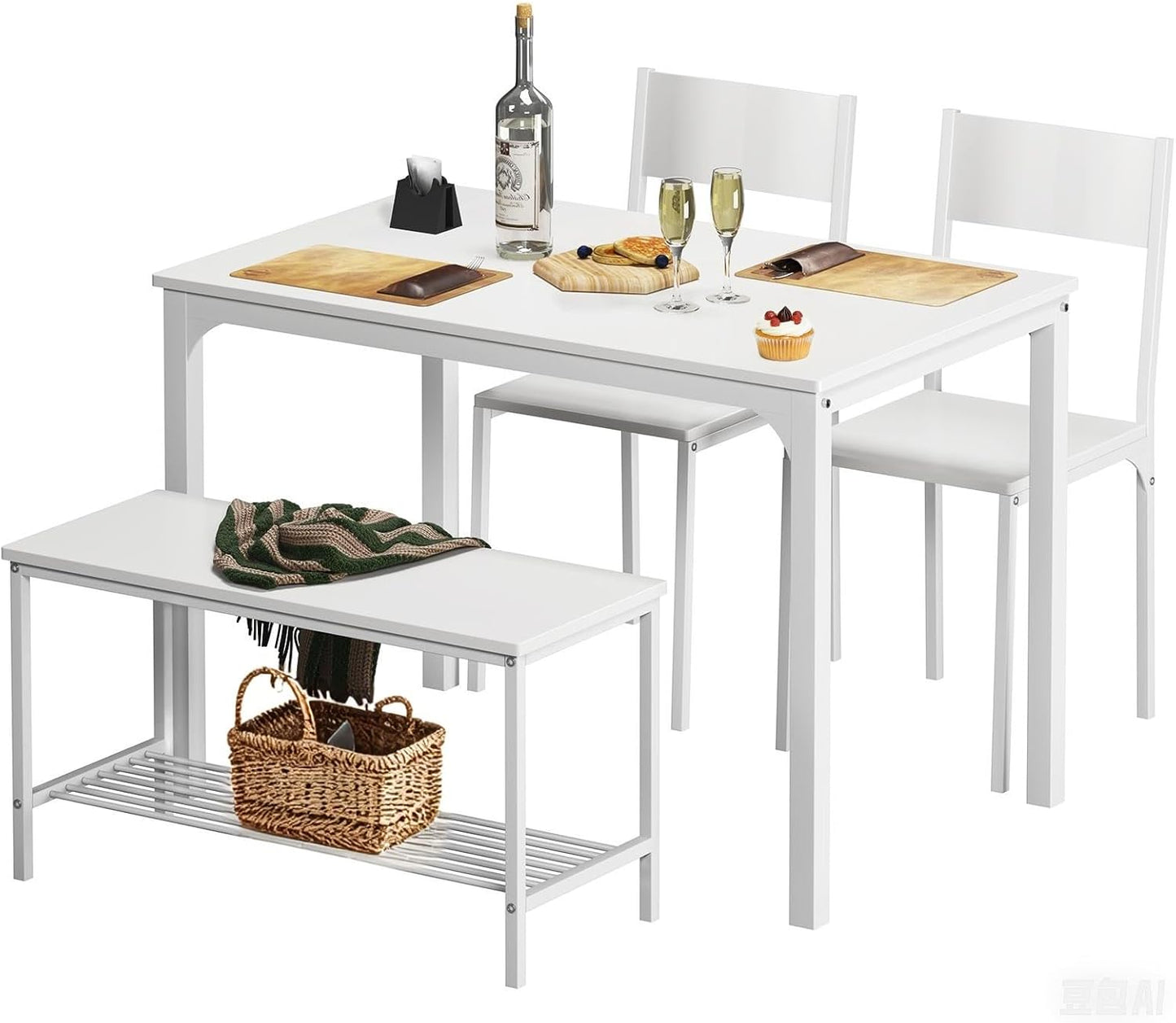 soges 4-Piece Dining Table Set with Bench - 4 Person Kitchen Table and 2 Chairs for Small Spaces, Apartment - Metal Frame & Woodgrain Tabletop, Space-Saving Design, Durable & Easy to Clean, White