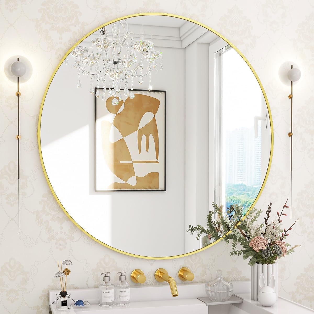 BEAUTYPEAK 32 Inch Round Mirror, Metal Frame Circle Mirror, Wall Mounted for Entryway, Bathroom, Vanity, Living Room, Gold
