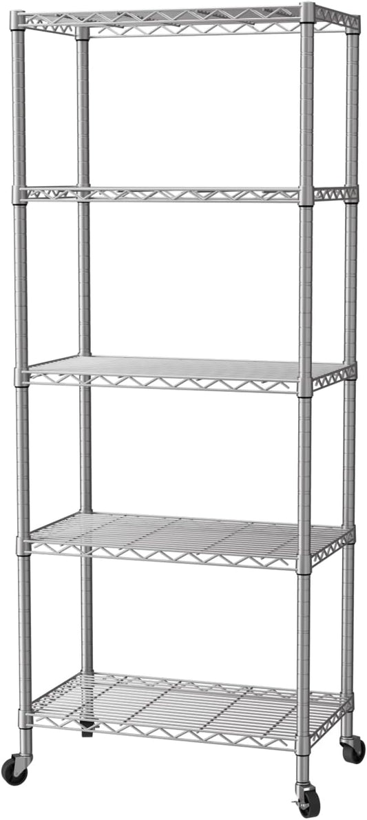 SINGAYE 5 Shelves Storage Shelf Wire Closet Bathroom Organizers Metal Pantry Kitchen Garage Shelving Unit Laundry Room Organization Home Rack Net Basket White with Wheels