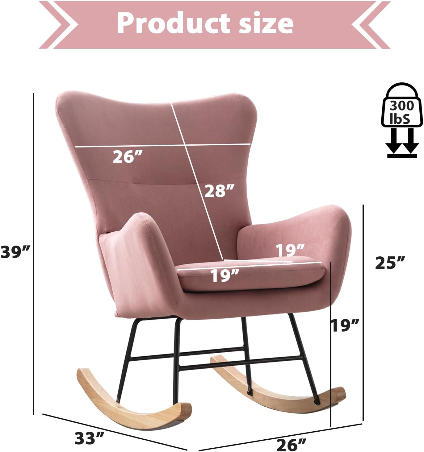 Phoenix Home Rocking Chair Nursery Velvet Upholstered Glider Rocker Rocking Accent Chair Padded Seat with High Backrest Armchair Comfy Side Chair for Living Room Bedroom Offices, Pink