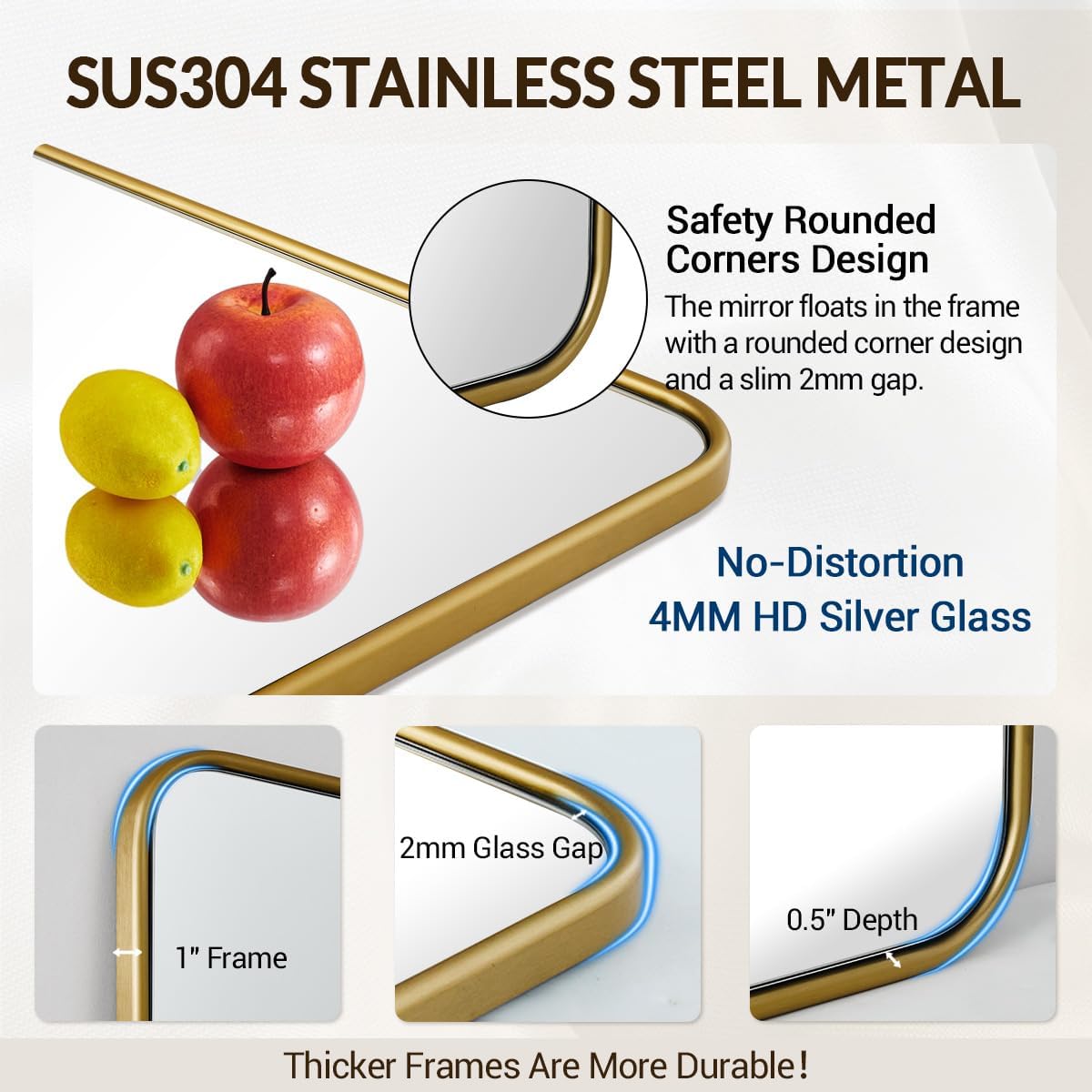 ANDY STAR 24x36 Rectangle Bathroom Mirror, Brushed Gold Stainless Steel Metal Frame Bathroom Mirror for Over Sink, Modern Rounded Corner Brass Vanity Wall Mirror, Hangs Horizontally or Vertically