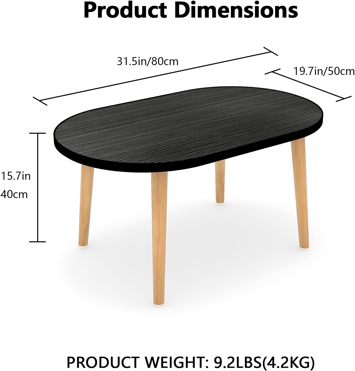 Oval Coffee Table Low Table with 4 Solid Wood Sturdy Legs, Floor Table Desk for Sitting on The Floor, Storage and Living Room Furniture (Black)