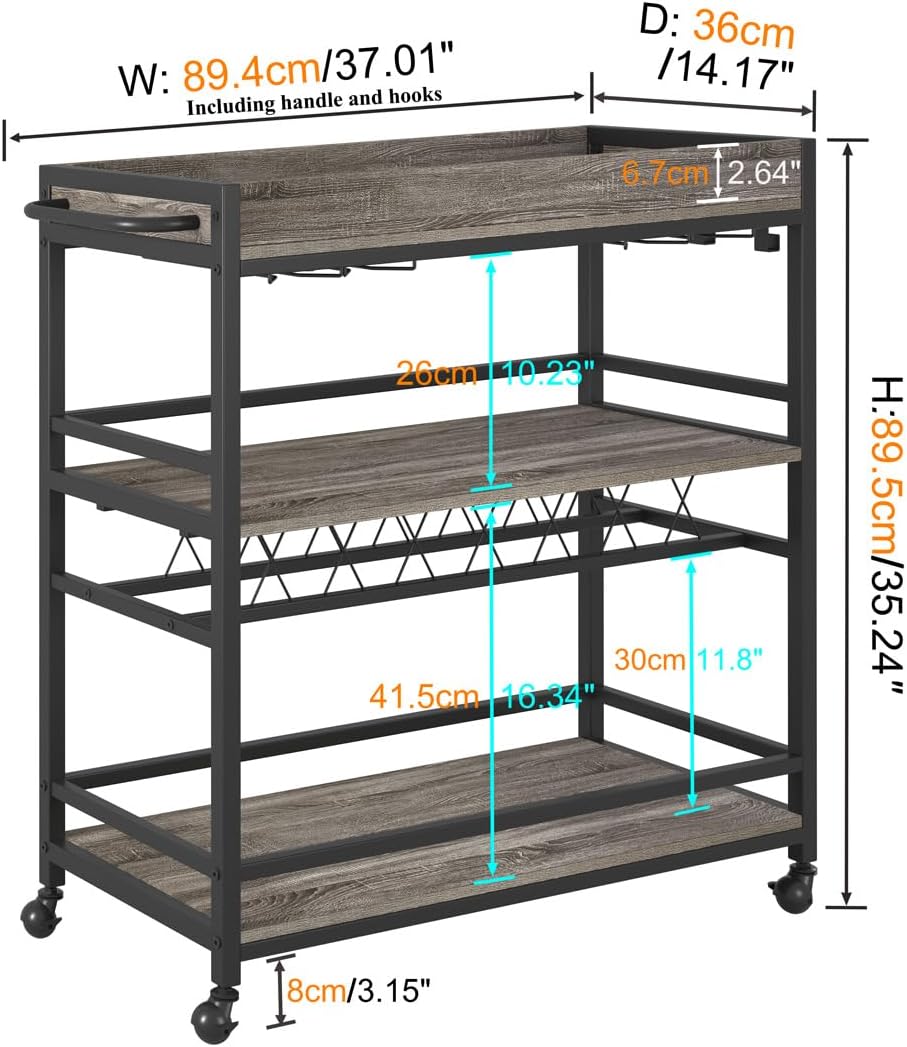 BON AUGURE Bar Cart, Home Bar Serving Cart on Wheels, Mobile 3 Tier Liquor Beverage Carts with Wine Rack and Glass Holder (Grey Oak)