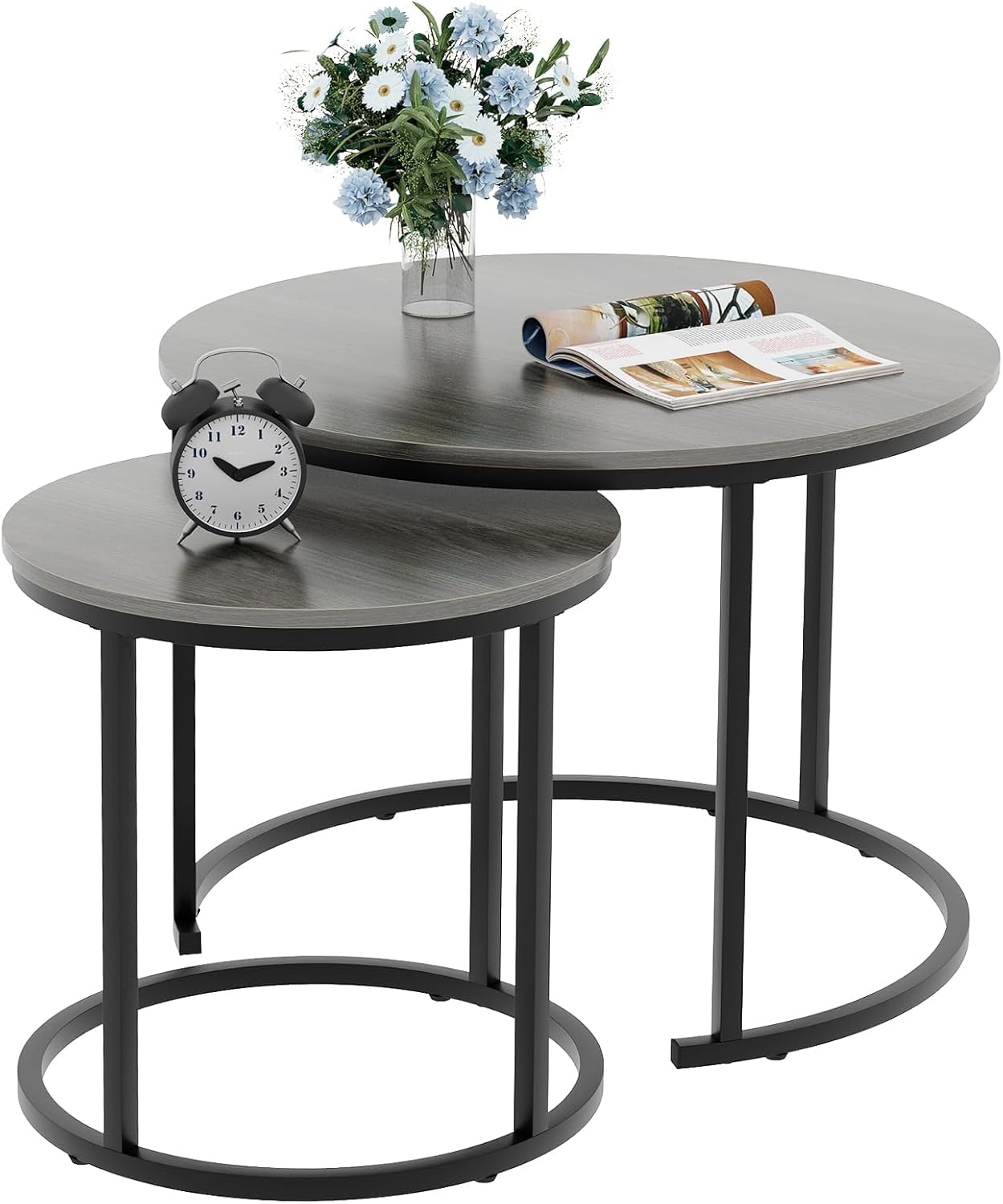 Garden 4 you Nesting Coffee Table, 23.6" Round Coffee Table Set of 2, Wooden Nesting Table Set with Metal Frame, Side Tables for Living Room Bedroom Balcony, Grey