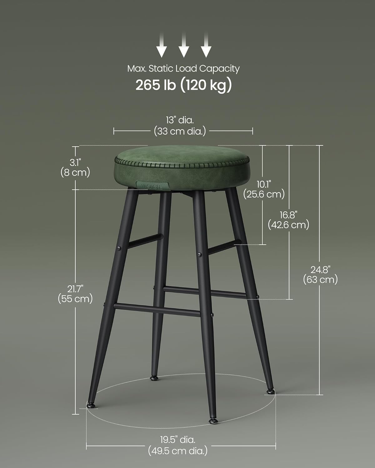 VASAGLE EKHO Collection - Bar Stools Set of 2, Counter Height Bar Stools, Kitchen Counter Stools, Mid-Century Modern Backless Counter Stools, 24.8-Inch Tall, Kitchen Island Home Bar, Forest Green