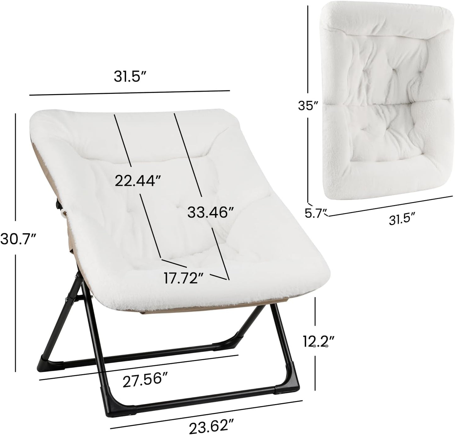 Comfy Saucer Chair for Adults, Soft Faux Fur Bedroom Chair, Accent Dorm Chairs, Flexible Living Room Reading Chairs, Oversized Folding Lounge Seat for Teens, X-Large, White