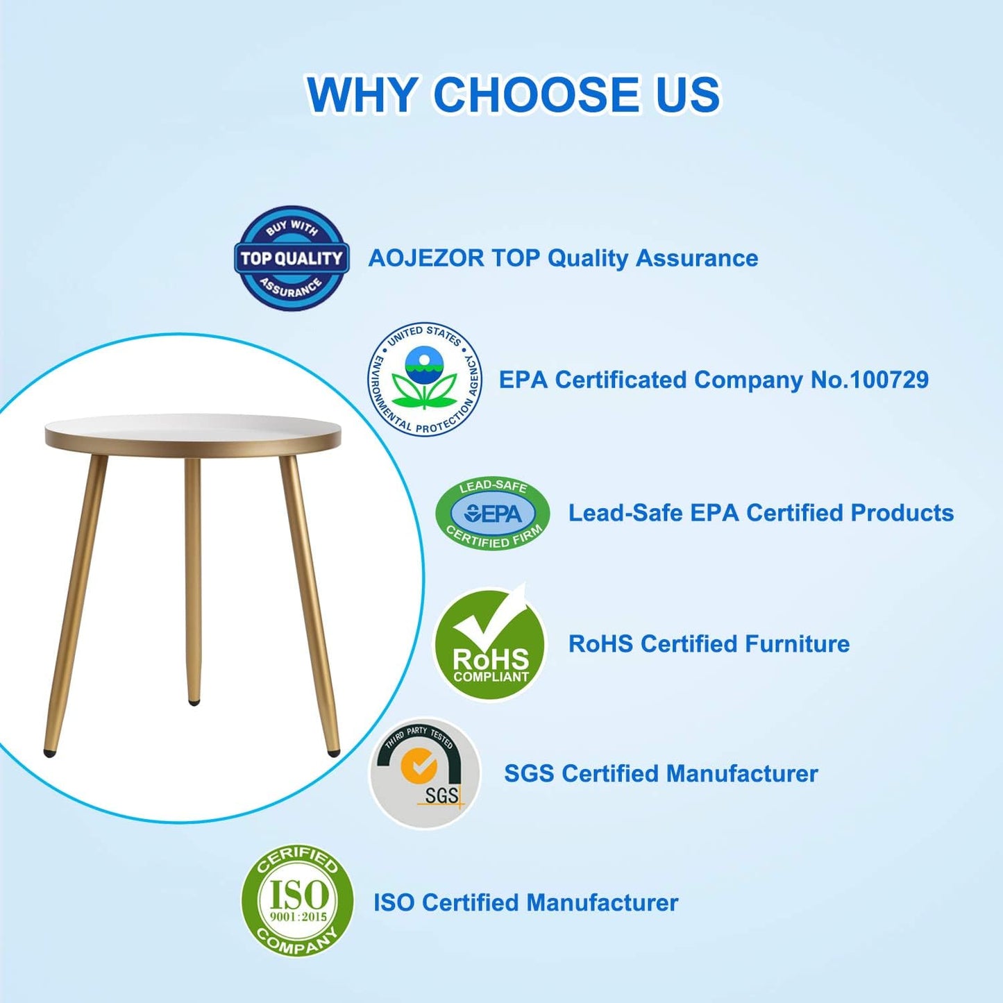 AOJEZOR Side Table: End Table for Any Room - Round Side Tables for Small Spaces - White Top with 3 Gold Legged