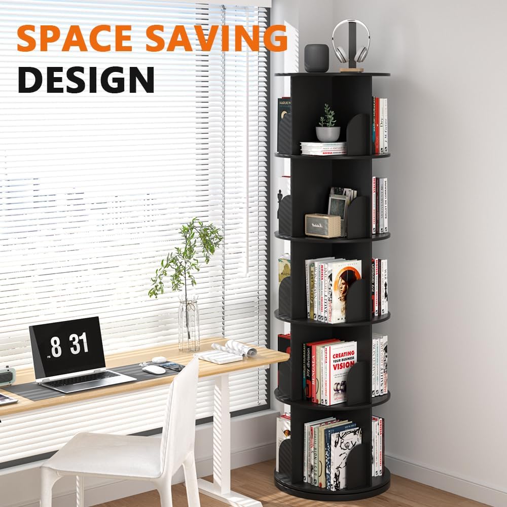 Nidouillet Rotating Bookshelf Tower, 5 Tier Spinning Bookcase Lazy Susan, Revolving 360 Book Shelf Storage Round Organizer, Vertical Rotate Turning Corner Book Case for Small Space, Black