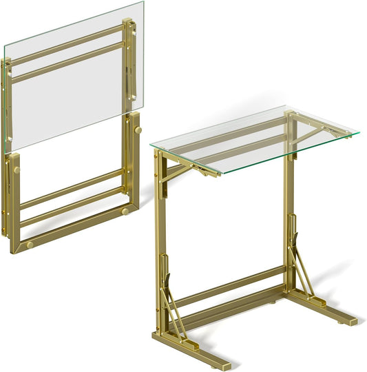 Tatub 24" Folding TV Tray Table Set of 2, Glass C Shaped End Table for Couch, Small Sofa-Side Laptop Desk with Gold Metal Frame for Living Room, Bedroom, Bedside