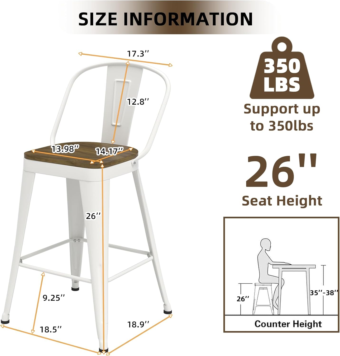 Metal Bar Stools Set of 4, High Back Bar Stools with Wooden Seat, 26 inch White Barstools for Kitchen Island