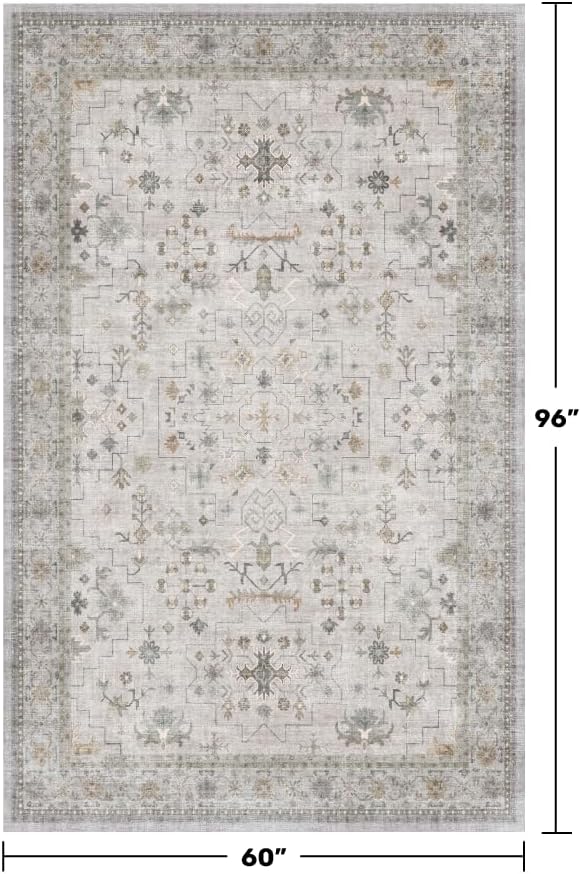Boho Light Grey 5x8 Living Room Rug - Modern Vintage Eclectic Floral Pastel Neutral Taupe, Washable Low Pile Non-Slip Large Area Rugs for Nursery Dining Under Table Bedroom Lounge